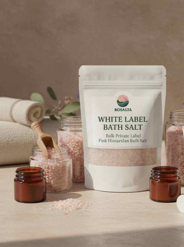 Bulk white label bath salt Australia with Pink Himalayan bath salt in private label jars and pouches for wholesale supply