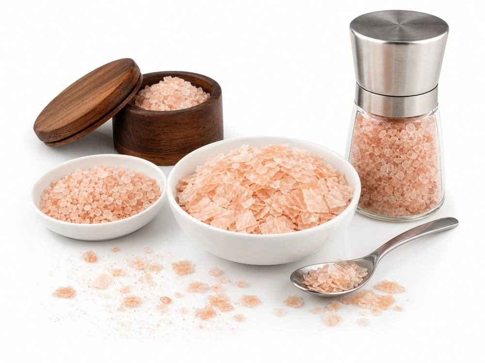 Gourmet Himalayan salt flakes and finishing salt in pinch bowls with chef's spoon