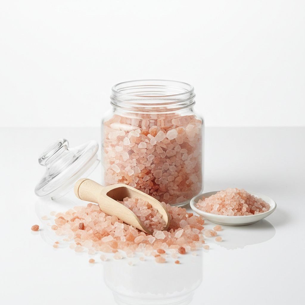 Himalayan pink bath salt coarse granules in glass jar with wooden scoop on white background
