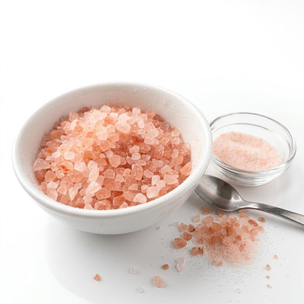 Edible Himalayan pink salt coarse crystals and fine powder on white background