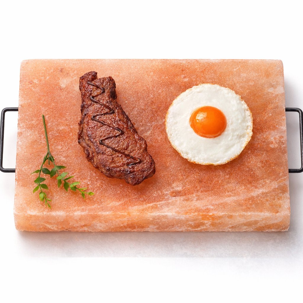 Himalayan pink salt cooking slab in black steel holder with handles on white background