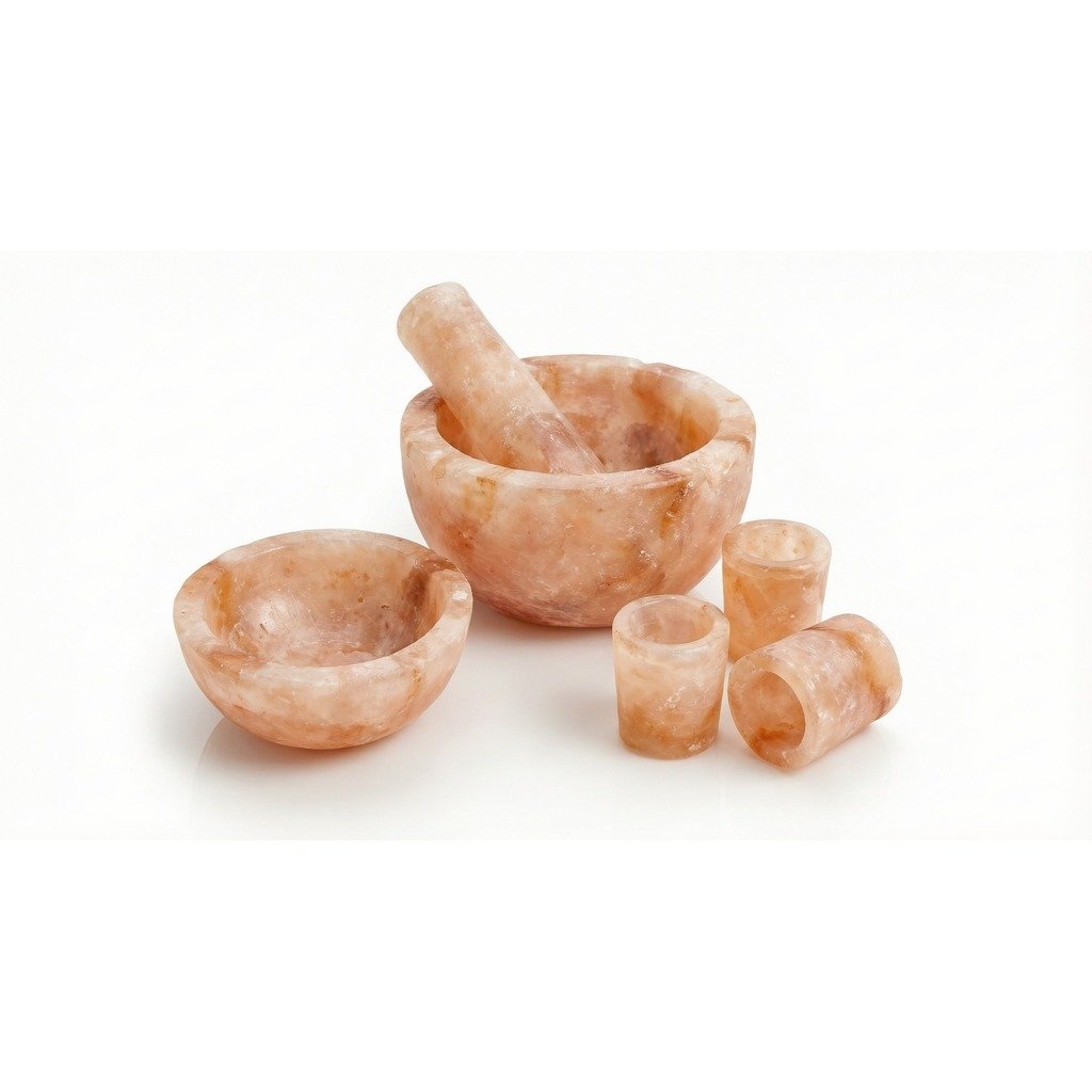 Hand-carved Himalayan salt homeware bowls, shot glasses and mortar set on white background