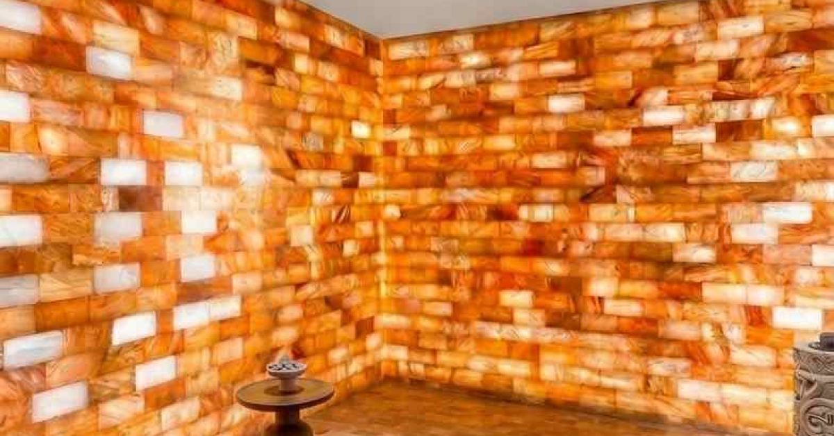 Pink salt tile wall in luxury spa room Australia, glowing salt bricks interior design wellness salt therapy room wholesale salt tiles supply